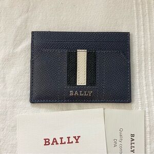 New Bally Talbyn Bovine Leather Striped Card Holder Wallet Navy